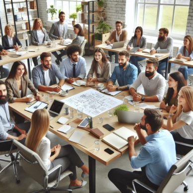 a diverse group of professionals collaborating or brainstorming